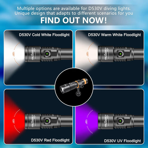 Comparison of four diving lights with different beam colors, styles, and features.