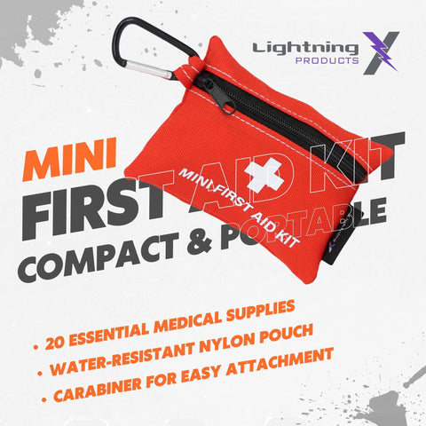 Front view of Lightning X mini first aid kit; red water-resistant nylon pouch with zipper and carabiner.