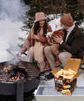 Family using 65 Piece All Natural Fire Starters Hand Woven From Premium Wood For Fireplace Pellet Stove, outdoors in winter.