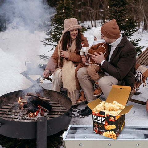 Family using 65 Piece All Natural Fire Starters Hand Woven From Premium Wood For Fireplace Pellet Stove, outdoors in winter.