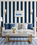 Dope Navy Blue And Cream Vertical Stripe Peel And Stick Wallpaper Roll Premium Thick Removable Vinyl Wall Covering in modern living room.