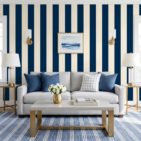 Dope Navy Blue And Cream Vertical Stripe Peel And Stick Wallpaper Roll Premium Thick Removable Vinyl Wall Covering in modern living room.