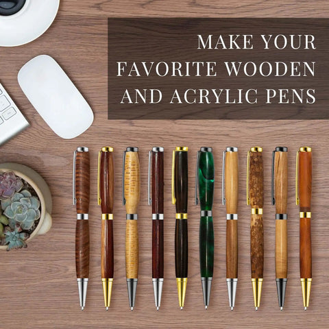 Wooden and acrylic slimline pens made with 102 Piece 7mm Pen Making Kit Bundle for Woodturning Slimline Pens Bulk Twist Kit.