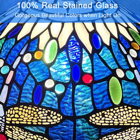Sea Blue Dragonfly Tiffany Style Stained Glass Desk Lamp For Home Office Living Room Reading Light 16 Inch Shade Detail