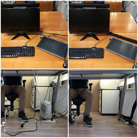 63 Inch Cable Management Sleeve for TV Desk and PC Cords, Velcro Closure in home office before and after setup