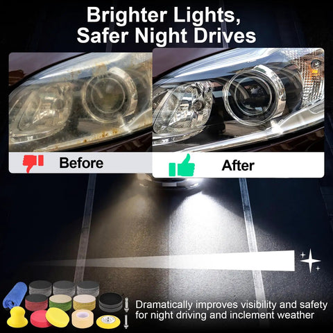 Before and after using 3 Inch Wet Dry Headlight Restoration Kit With Drill Attachment And Polishing All In One Bundle Includes 800 To 5000 Grit Discs