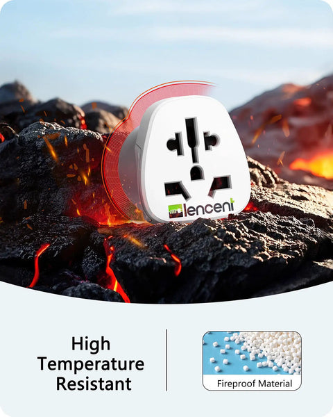 World To US Plug Adapter 2 Pack Universal Travel Power Converter resting on rocks with text 'High Temperature Resistant'
