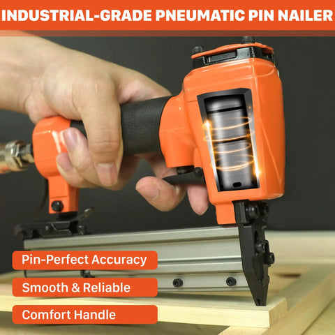 Smooth Shooting 23 Gauge Pneumatic Pin Nailer Fires Dead Straight Headless Micro Pins Without Leaving A Trace, ergonomic grip