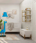 Blue Dinosaur Kids Floor Lamp With Adjustable Height From 50 Inches To Taller Modern Hand Stitched Toy Standing Lamp next to crib
