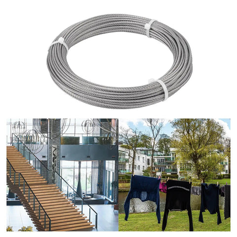 One Eighth Inch Wire Cable 100 Feet Marine Grade Stainless Steel Rope shown with staircase and outdoor clothesline use