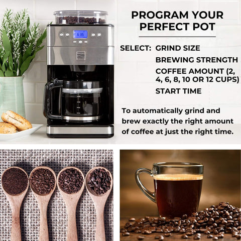 Grind and Brew Coffee Maker with Burr Grinder for Consistent Flavor, 12 Cup Programmable Timer, Stainless Steel Finish