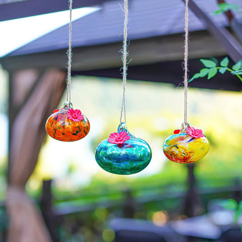 Set Of 3 Small Blown Glass Hummingbird Feeders For Outdoors Hanging With 2 Flower Feeding Ports 3 Inch Glass Hummingbird Feeders Garden Decor For Outside