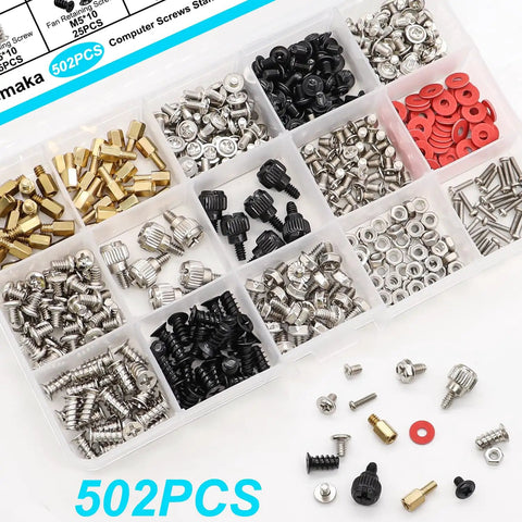 Premium Top Shelf Computer Screw Assortment Kit Featuring Motherboard Standoffs And Hella Tough Brass Hardware Pack layout with assorted screws.