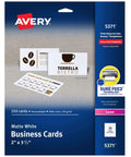 Front view of Avery 5371 matte white business cards package; 2 x 3.5 in, 250 blank laser cards with Sure Feed technology.