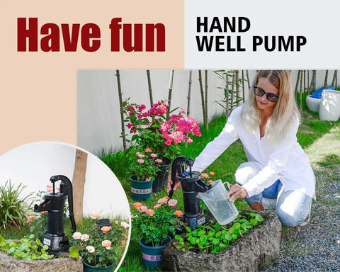 Durable Cast Iron Pitcher Pump Manual Hand Crank Suction Water Transfer Pump For Outdoor Garden Pond Backyards 25 Foot Lift Easy Install Antique Style Well Pump Black installed in garden