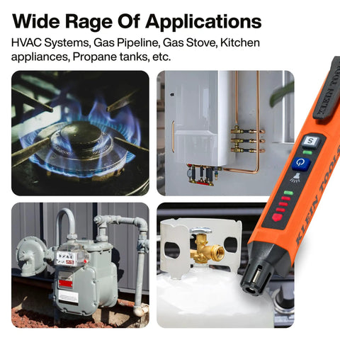 Gas Leak Detector With Wide 100 To 2000 Ppm Range showing usage on gas stoves, pipelines, HVAC systems, and propane tanks.
