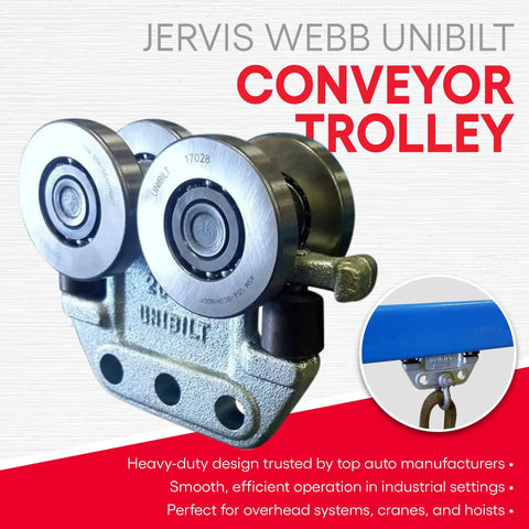 Overhead Conveyor Trolley Kit For Unibilt Systems, heavy duty metal carrier with adjustable track pins, close-up view.