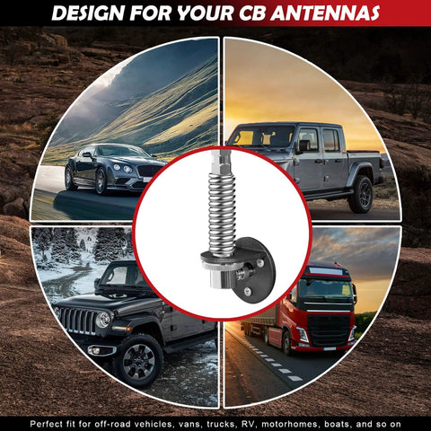 Front view of stainless steel CB antenna spring mount with clamp base and 3/8-24 thread