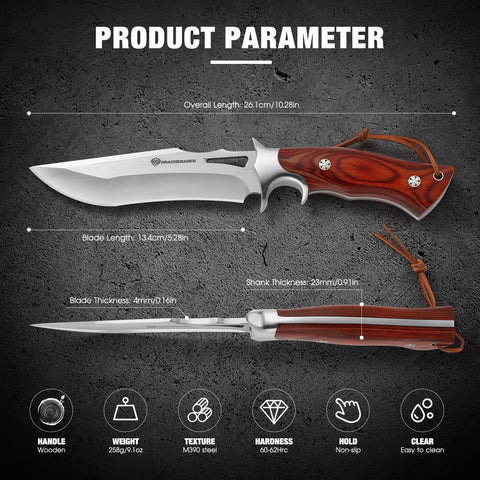 M390 Fixed Blade Hunting Knife With Leather Sheath, Non-Slip Red Wooden Handle, showing dimensions and details on stone background
