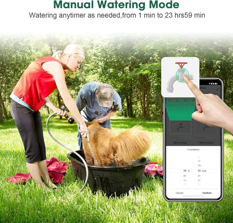 Person using Smart Hose Timer With WiFi Hub for Automatic Lawn And Garden Irrigation, Alexa Compatible, on smartphone app