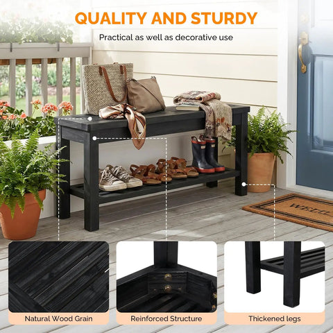 Rugged Rustic Storage Bench With Solid Wood Seat And Slatted Shelf Indoor Outdoor Shoe Rack 450 Lb Capacity Black 40 Inch