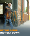 Man setting up Portable Folding Work Table Kit For Diy And Shop Use A Sturdy 24 By 48 Inch Work Surface With 1500 Lb Capacity
