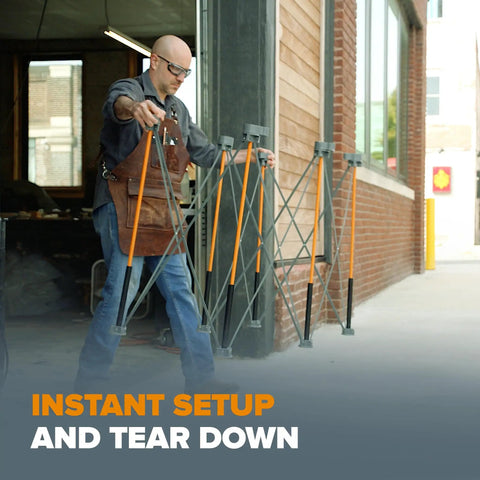 Man setting up Portable Folding Work Table Kit For Diy And Shop Use A Sturdy 24 By 48 Inch Work Surface With 1500 Lb Capacity