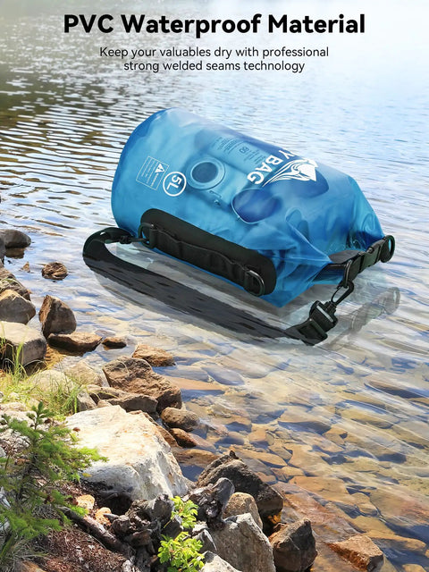 Waterproof Dry Bag Roll-Top Backpack for Travel and Water Sports, Ultra Lightweight 5L with Phone Case on rocky shore
