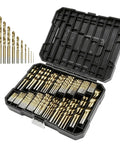 Top Shelf 230 Piece Titanium Twist Drill Bit Kit Featuring 135 Degree Split Points For Wood Metal Plastic And Alloy. Quick Penetration With U-Flute Chip Evacuation And Stable Straight Shank Design To Prevent Walking. Perfect Heavy Duty Tool Set Stored In open case with titanium drill bits