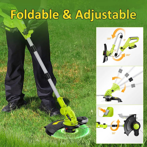 Cordless 20V Weed Wacker String Trimmer And Edger 2 In 1 With Wheel showing foldable adjustable handle on grass
