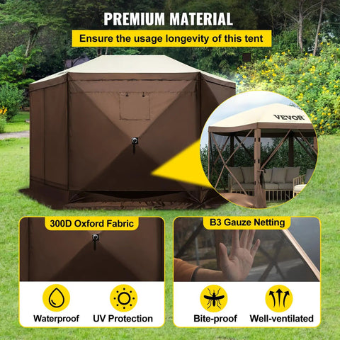 Six Sided 12x12 Pop Up Canopy Shelter With Mesh Windows Portable Carry Bag Stakes Epic Outdoor Shade Tent for Camping featuring brown beige design, UV and waterproof fabric.
