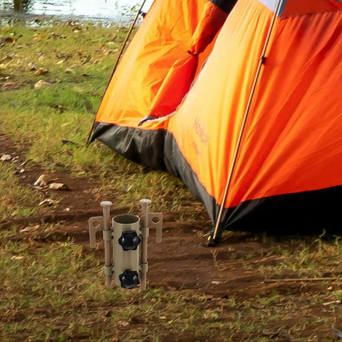 Heavy Duty Tent Stake Kit With 6 Adjustable Aluminum U Shaped Pegs And Hammer near orange tent on grassy ground