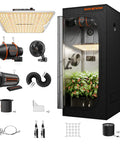 2.3x2.3 Ft Grow Tent Kit With 28 By 28 By 63 Inch Frame SF1000 Full Spectrum Dimmable Led Grow Light Complete Grow Tent System With 4 Inch Ventilation And 6 Inch Clip Fan shown with components including fan and LED light