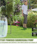 Cordless Submersible Water Transfer Pump 530 GPH 2 Bar in garden, woman watering plants, compatible with DEWALT 20V MAX battery