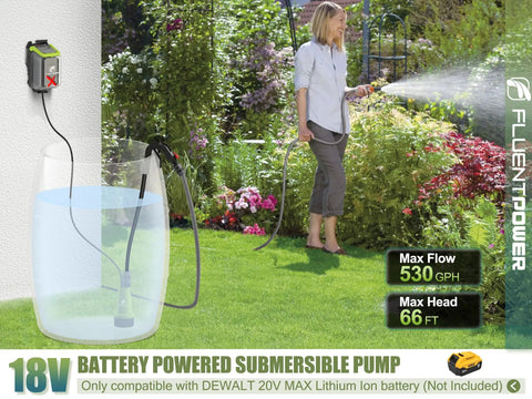 Cordless Submersible Water Transfer Pump 530 GPH 2 Bar in garden, woman watering plants, compatible with DEWALT 20V MAX battery