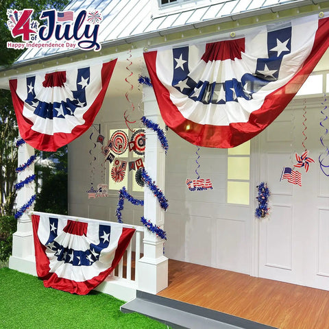 Porch decorated with Four Pack 3x6 Ft Extra Large American Flags For Outdoors With Brass Grommets Fourth Of July Decor.