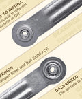 Eight Pack Glider Bearing Arm Brackets Heavy Duty Hardware Rockers With Galvanized Finish, 6.88 Inch Overall Length, 5.5 Inch Hole Spacing, One Quarter Inch Bolt Holes, Durable Weatherproof DIY Install, close-up of galvanized bearing arm bracket