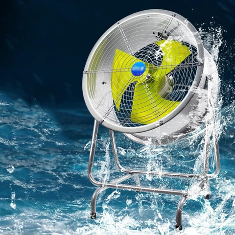 Heavy Duty 20 Inch Industrial Electric Fan With Commercial Vertical Design, yellow blades, robust metal frame, outdoor setting