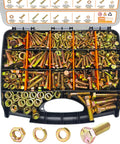 1004 Piece Beefy Grade 8 Nuts And Bolts Kit With SAE Sizes in open case showing yellow zinc-finished bolts assortment