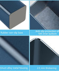 Details of Blue Square Pen Holder Cup, Aluminum Desk Organizer with non-slip base, felt bottom, aluminum metal, and 2.5 mm thickness.