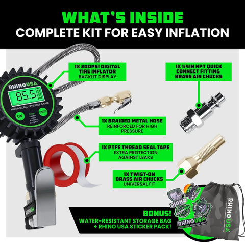 Rhino USA digital tire pressure gauge with inflator; black gauge, green backlit display, braided hose, brass air chuck