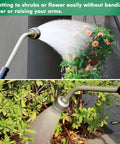 Your Go To 24 Inch Watering Wand With Gentle Rain Shower Sprayer And Thumb Flow Control in use on hanging baskets and shrubs