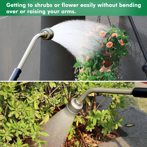 Your Go To 24 Inch Watering Wand With Gentle Rain Shower Sprayer And Thumb Flow Control in use on hanging baskets and shrubs