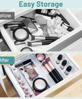 Before and after comparison of Sweet Clear Drawer Organizers for makeup storage in a clean drawer layout.