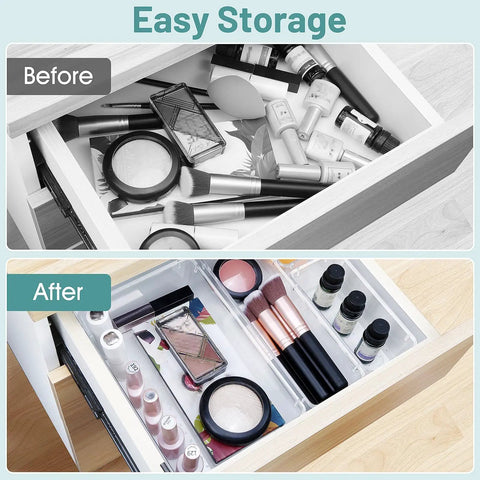 Before and after comparison of Sweet Clear Drawer Organizers for makeup storage in a clean drawer layout.
