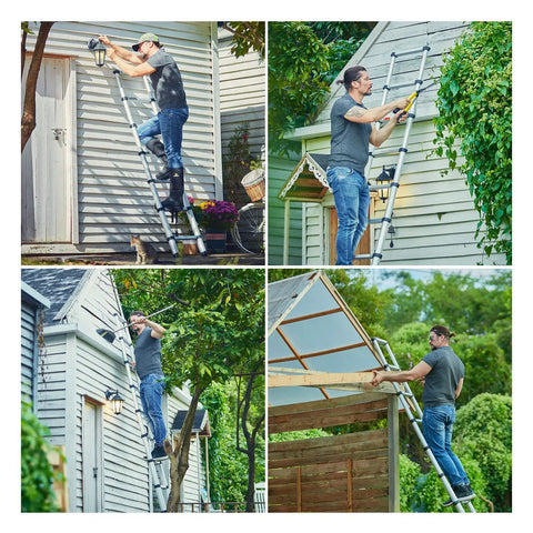 Man using 8.5 Ft Aluminum Telescoping Ladder For Home DIY Projects Foldable Extension With 12 Ft Reach Lightweight Portable Type 1A Soft