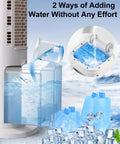 Portable Swamp Cooler Evaporative Air Conditioner 41 Inch with 4L water tank and ice packs next to clear pouring cup