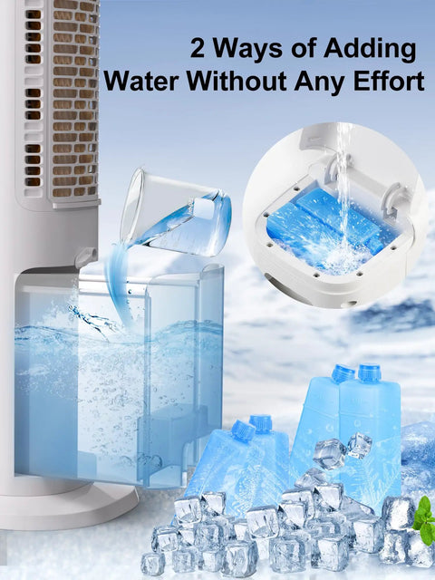 Portable Swamp Cooler Evaporative Air Conditioner 41 Inch with 4L water tank and ice packs next to clear pouring cup