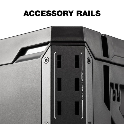 Side view of StackTech XL Tool Box Organizer With Locking System And Removable Tray, showing black accessory rails.