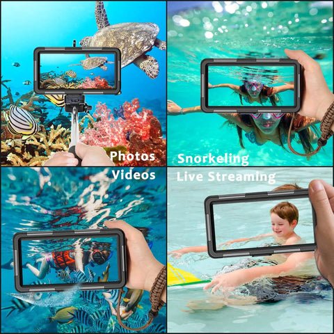 Underwater Phone Case For Snorkeling And Diving 50 Feet Waterproof Protector For iPhone and Galaxy, capturing underwater scenes.